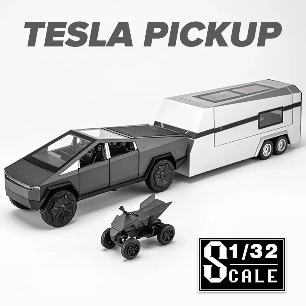 1:32 Tesla Cybertruck Pickup Trailer Alloy Car Model Diecasts Metal Toy Off-road Vehicles Truck Model Sound and Light Kids Gifts