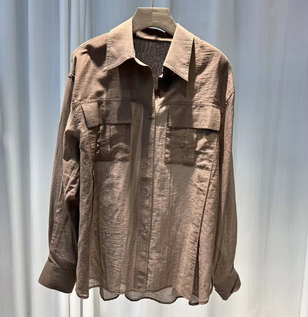 

High Quality Designer Fashion Shirts 2025 Summer Lady Turn-down Collar Big Chest Pocket Patchwork Long Sleeve White Brown Shirts