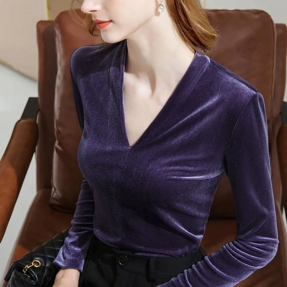 Top Female Sexy Autumn Winter Purple Women's Long Sleeve T-shirt V Neck High Quality G Classic Slacks Y2k Streetwear Trends 2024