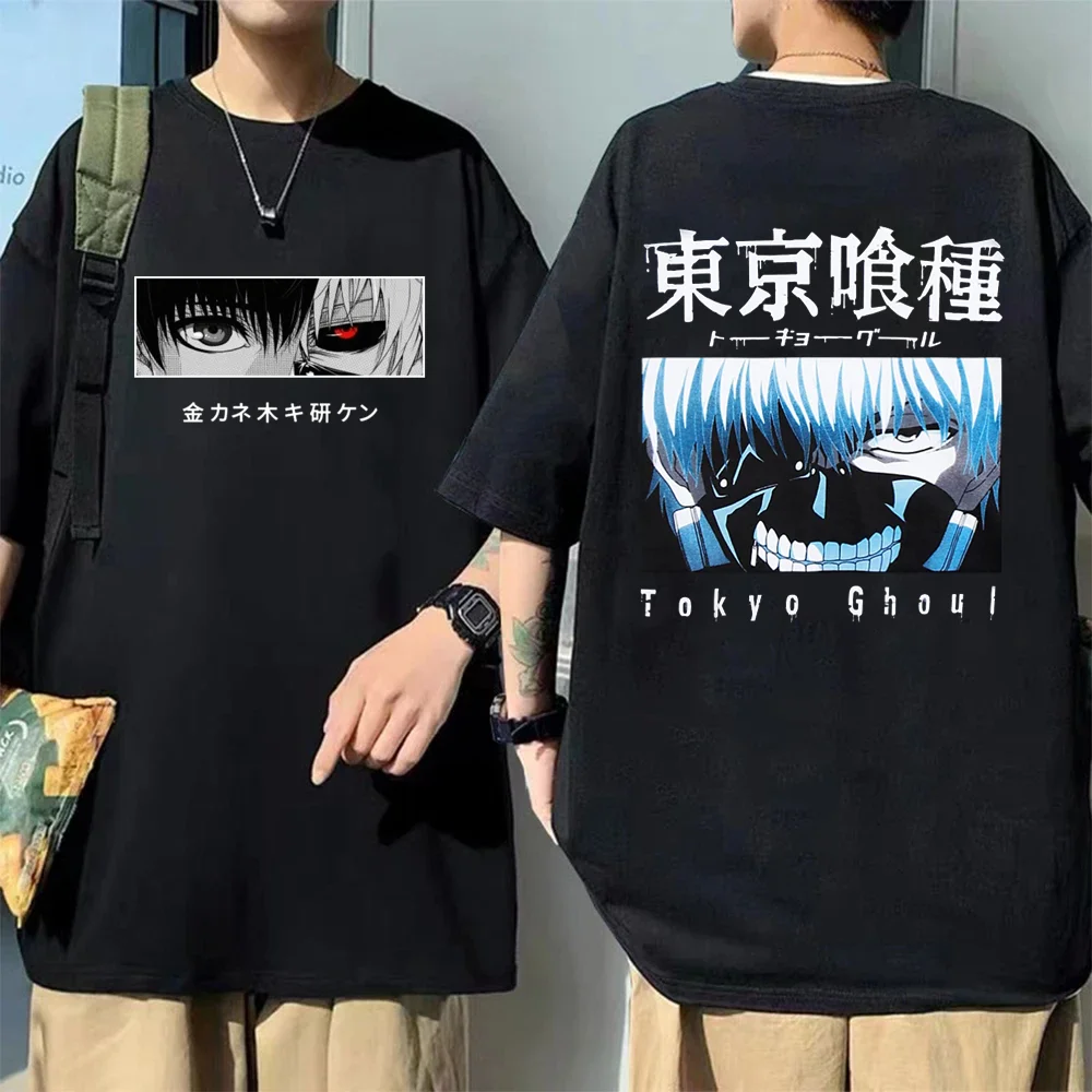 Hot Anime Kaneki Ken Graphic Reversible Printed T-Shirt Men\'s Cool Y2K Street Round Neck Loose T-Shirt Top