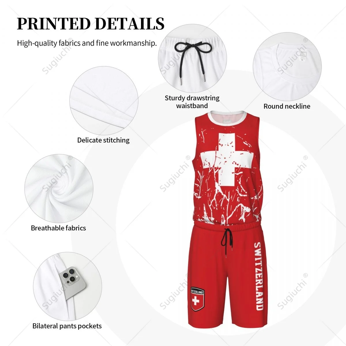 Team-Up Zwitserland Vlag Graan Heren Basketbal Jersey Set Shirt & Broek Mouwloos Aangepaste Naam Nunber Exclusief