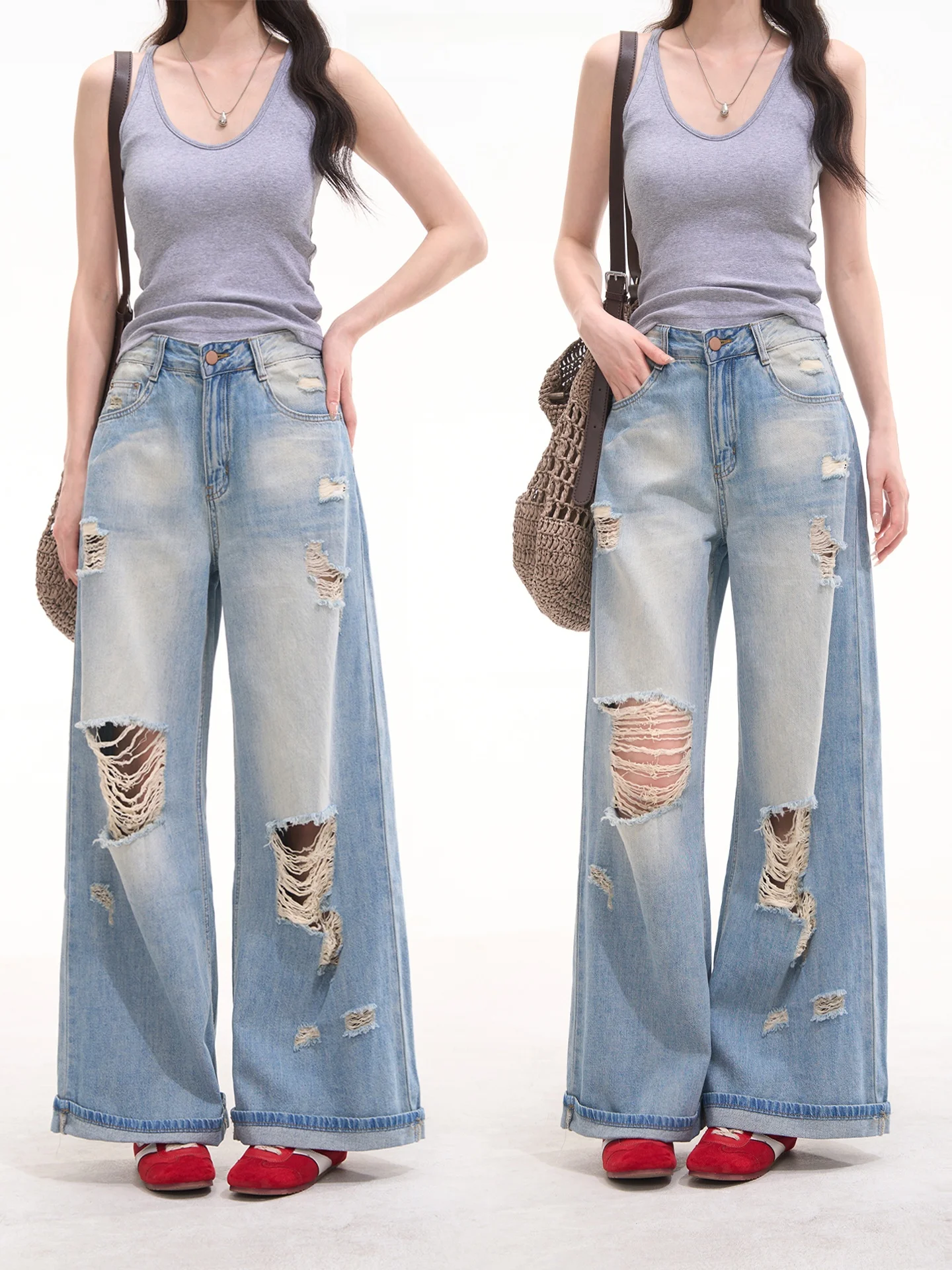 Sweet Cool Girl American Retro Feeling Hole Denim Jeans Women Summer Loose Wide Leg Pants Cotton Natural Waist Button Closure