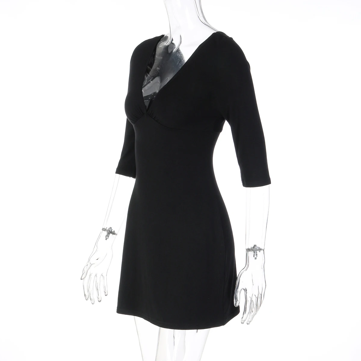 Hugcitar Elegantes, einfarbiges, kurzärmliges, rückenfreies, sexy, figurbetontes Minikleid mit V-Ausschnitt für Herbst und Frühling, Damenkleidung, Geburtstagsfeier, Urlaub – Detail 3