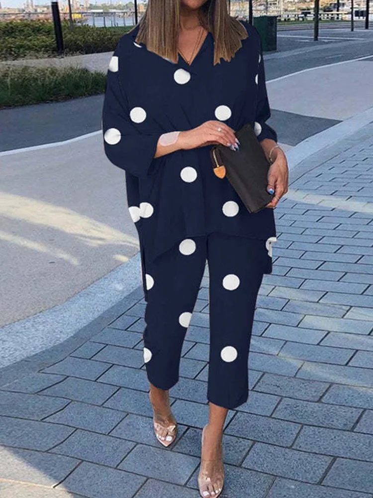 

Solid Cotton Linen Trousers Loose Suit Retro Polka Dot Two Piece Sets Fashion V-neck Long Sleeve Blouse Wide Leg Pants Outfits