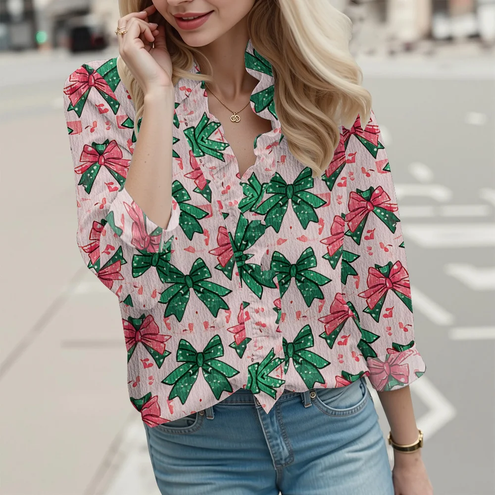 عيد الميلاد الحلو القوس طباعة المرأة بلوزة فقاعة كريب النسيج تكدرت طوق كم طويل أعلى لطيف جديد حزب ارتداء قميص أنيق #2