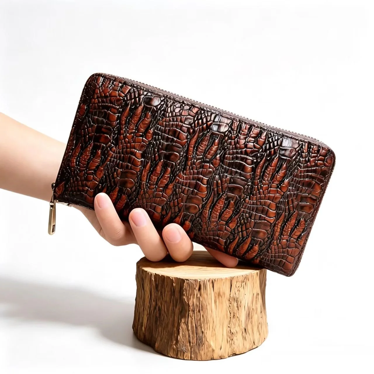 Alligator Pattern Cow Leather Purse Man Long Genuine leather Wallet Brown Multifunctional Zipper Clutch Unique Gift for  Men