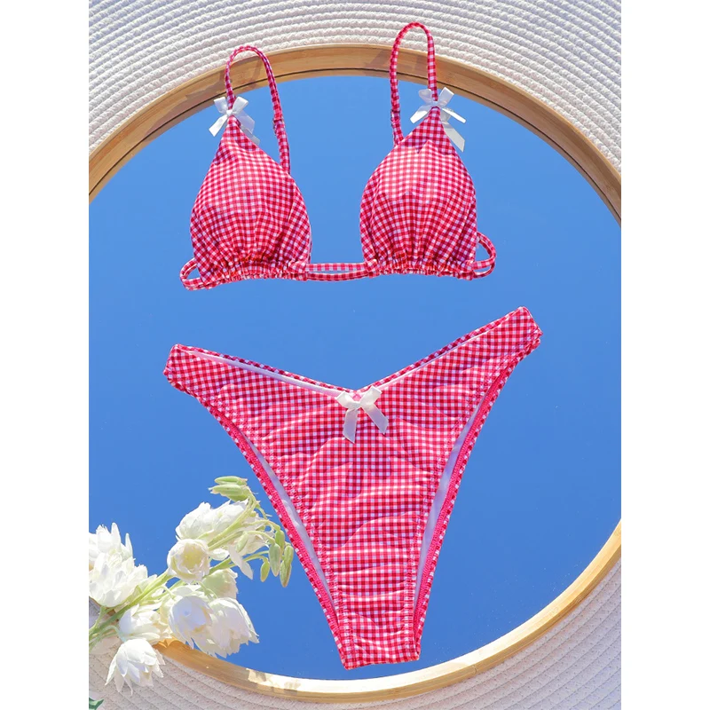 Sexy Bikini Plaid Print Swimsuit Women Bow Bikini Sets Triangle Swimwear Female Beachwear Summer Bathing Suits Low Waist Bikinis