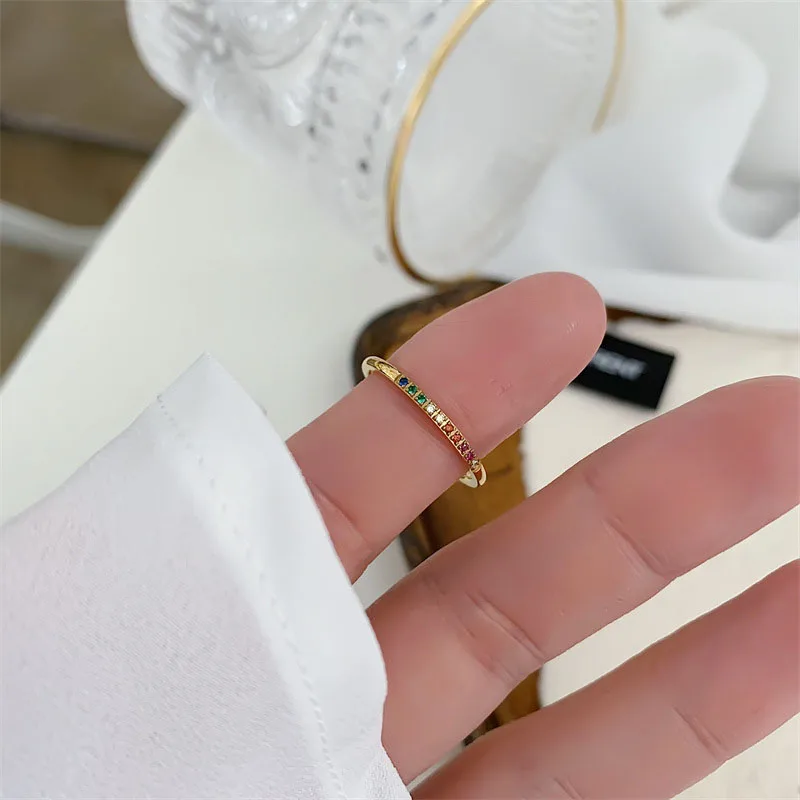 INS Copper Rainbow Color Cubic Zircon Stone Finger Rings for Women Gold Plated Waterproof Stacker Ring Jewelry Gift