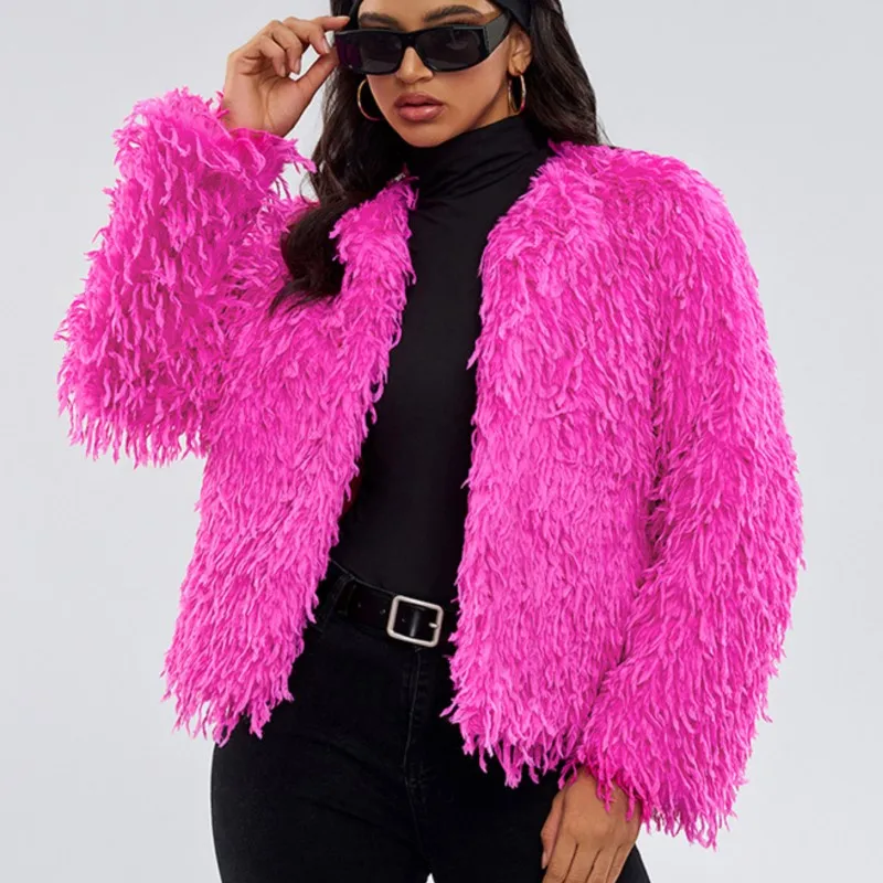 

Осень-зима, пушистая меховая куртка розового цвета с длинными рукавами, верхняя одежда, топы из искусственного меха в стиле ретро, утепленные длинные куртки, пальто