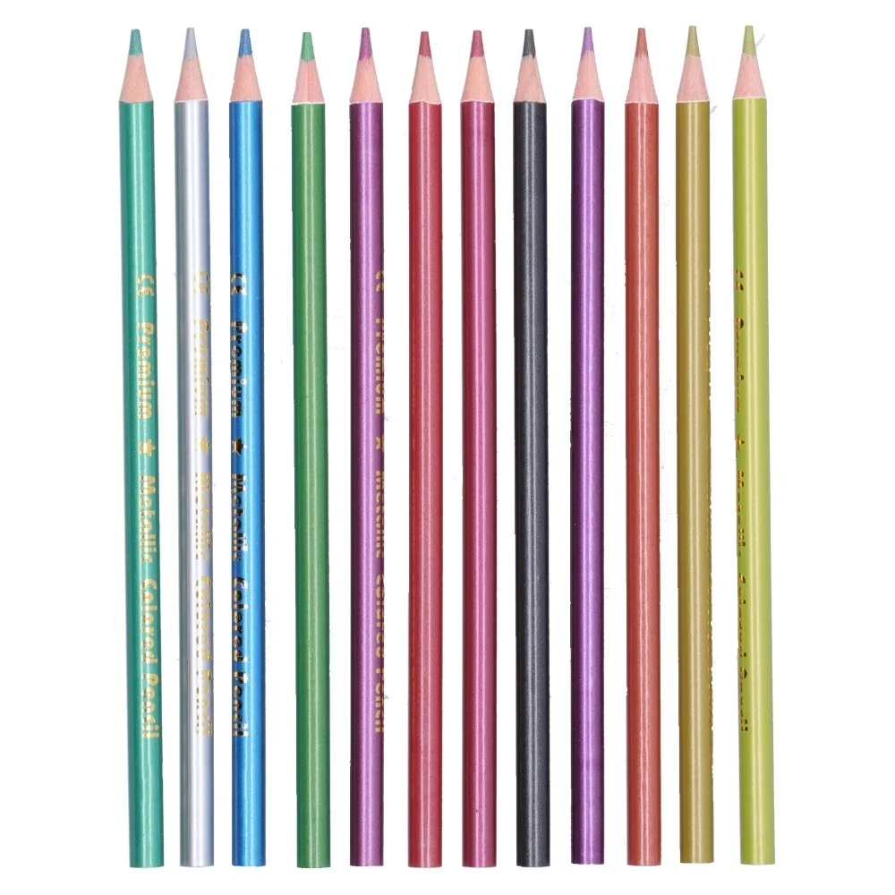 12PCS Water Soluble Metallic Colored Pencils Hexagonal Barrel Durable wood Watercolor Pencils Fluorescent 6.9inch