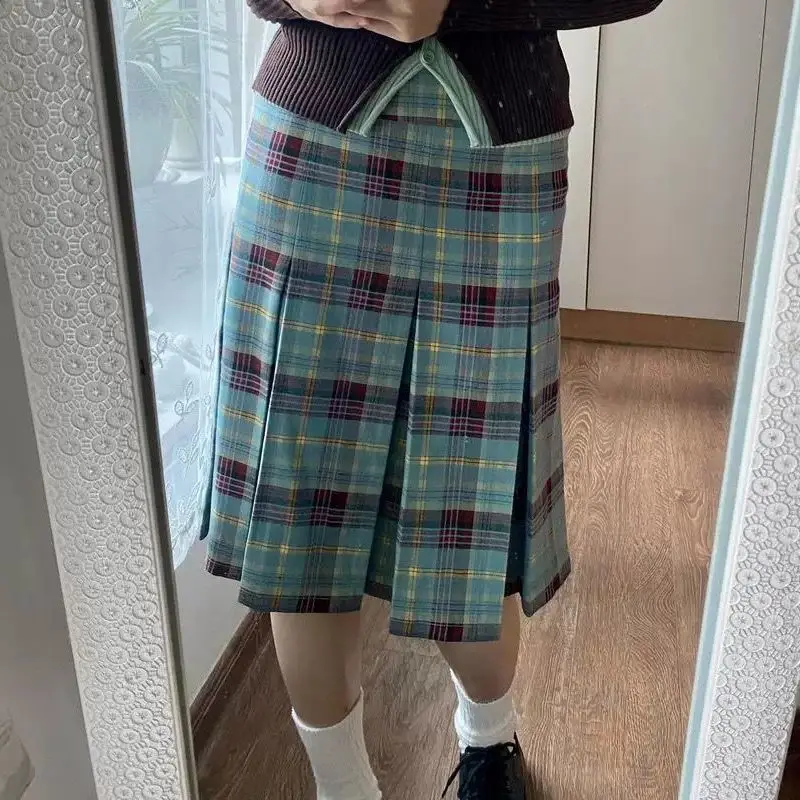 Y2k Elegant Vintage Plaid Ruched Skirts Summer High Waist A-line Skirt For Women 2026 New Mid-length Loose Faldas Mujer