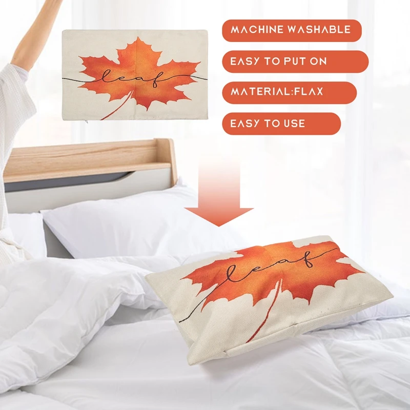 Fall Decor Maple Leaf Throw Pillow Covers, 12 X 20 Pillows Autumn Thanksgiving Cushion Case For Sofa Couch Set Of 4