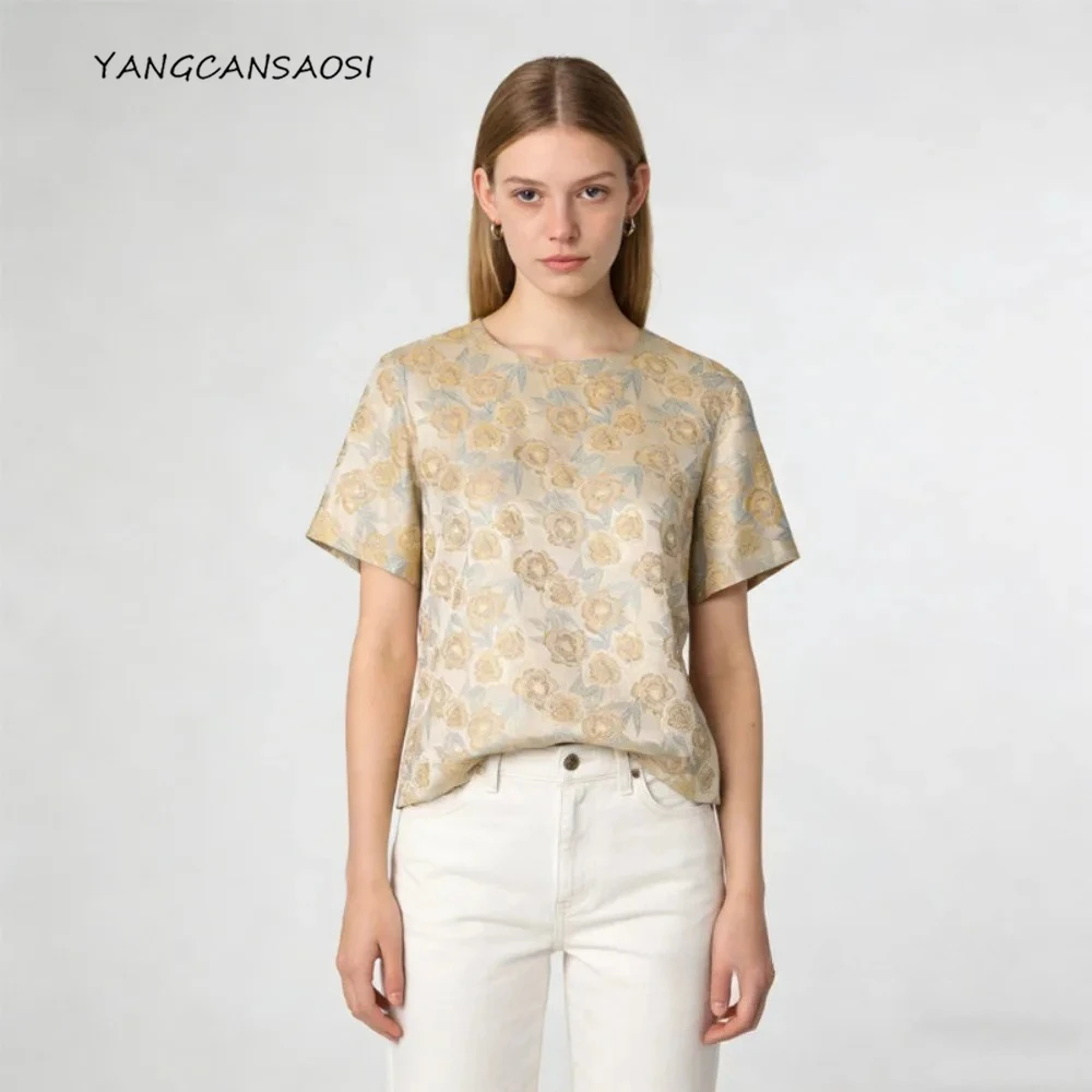 

2026 Women's Fashion Clothing Heavy 100% Natural Mulberry Silk Song Brocade Peony Printed Round Neck Short Sleeve T-shirt