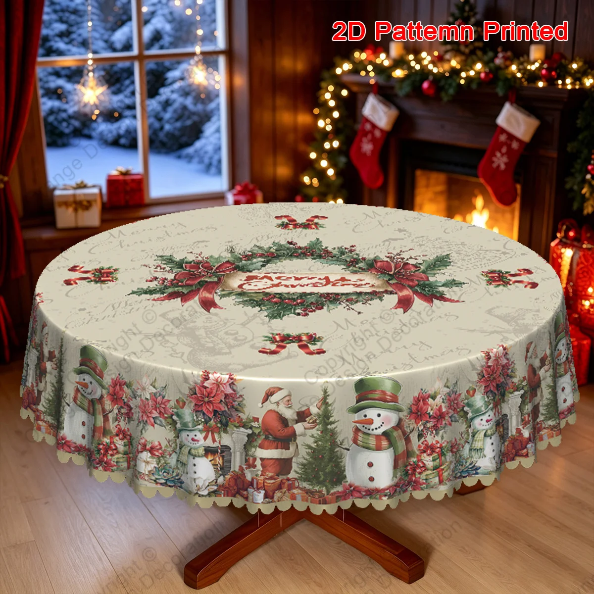 1 piece, Merry Christmas theme tablecloth, Santa Claus snowman and floral pattern