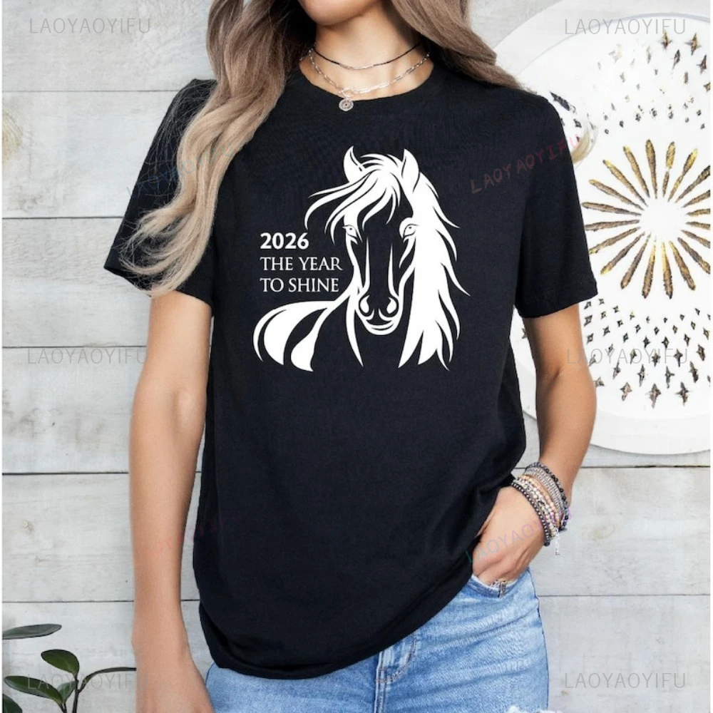 Year of The Horse 2026 Chinese Zodiac T-shirt Lunar New Year Casual Fashion Loose Harajuku Women Streetwear Short Sleeve Tees