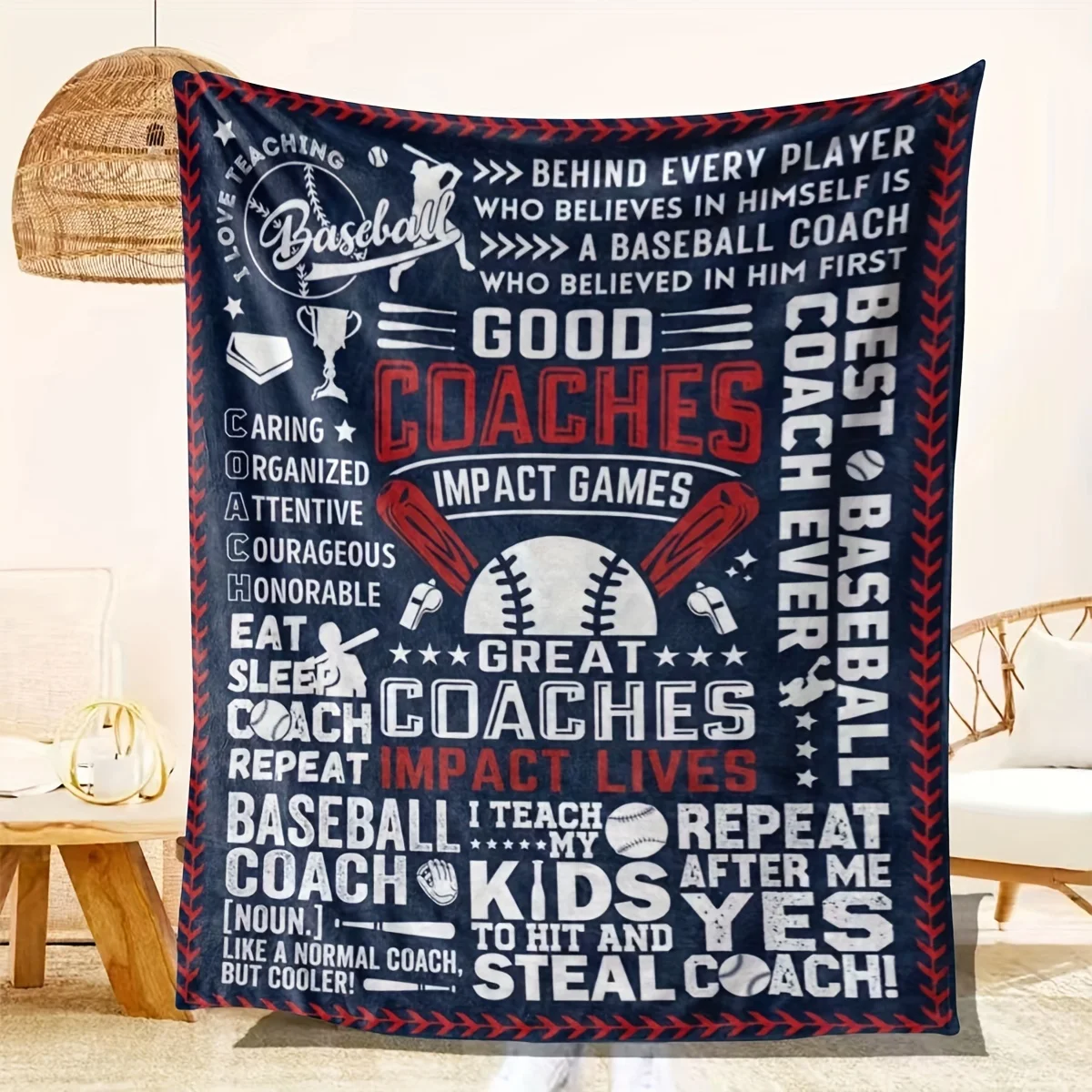 

Baseball Coach Tribute Blanket Printed Soft Cozy Navy Red White Flannel Throw Blanket for Sofa Bed Sports Room Warm Blanket Gift
