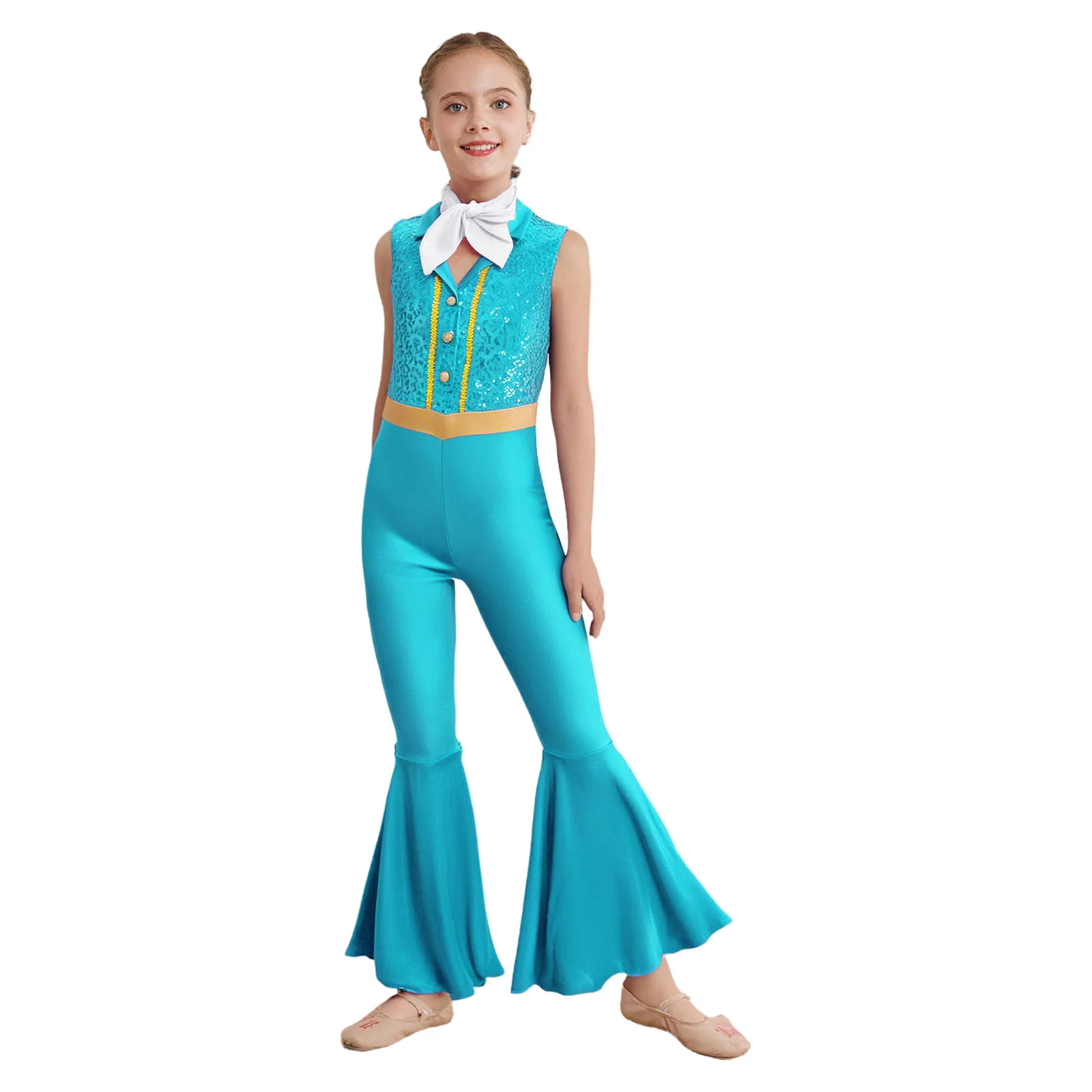 

Kids Girls Jumpsuit 70s 80s Jazz Disco Dancewear Shiny Sequins Lapel Collar Sleeveless Bell-Bottom Full Body Leotard+Scarf Set