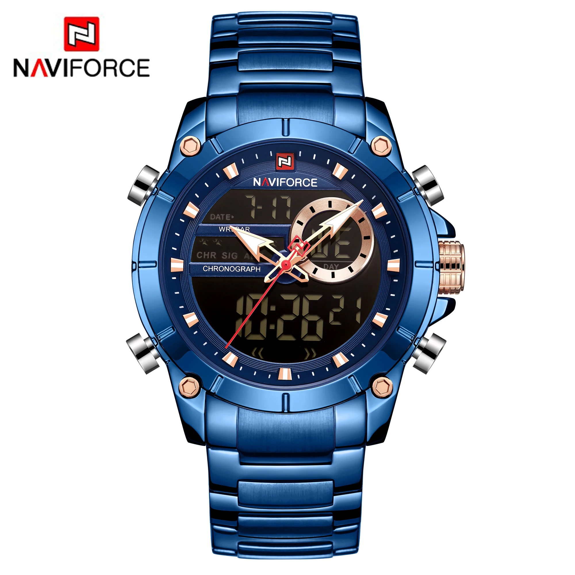 NAVIFORCE 9163 Orologio da polso sportivo originale di lusso per uomo Acciaio al quarzo Impermeabile Doppio display Orologi militari Relogio Masculino