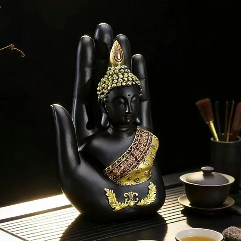 Resin Buddha Statue in Palm Hand Figurine Black Gold Craft Ornament Meditation Home Desktop Shelf Decor Spiritual RoomDecoration