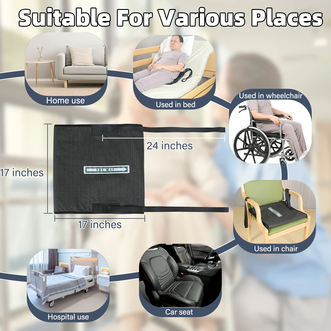 

Ehucon One Way Glide Seat Cushion for Wheelchairs - 17x17 Inch Non-Slip Transfer Pad with Handles for Elderly & Patient Mobility