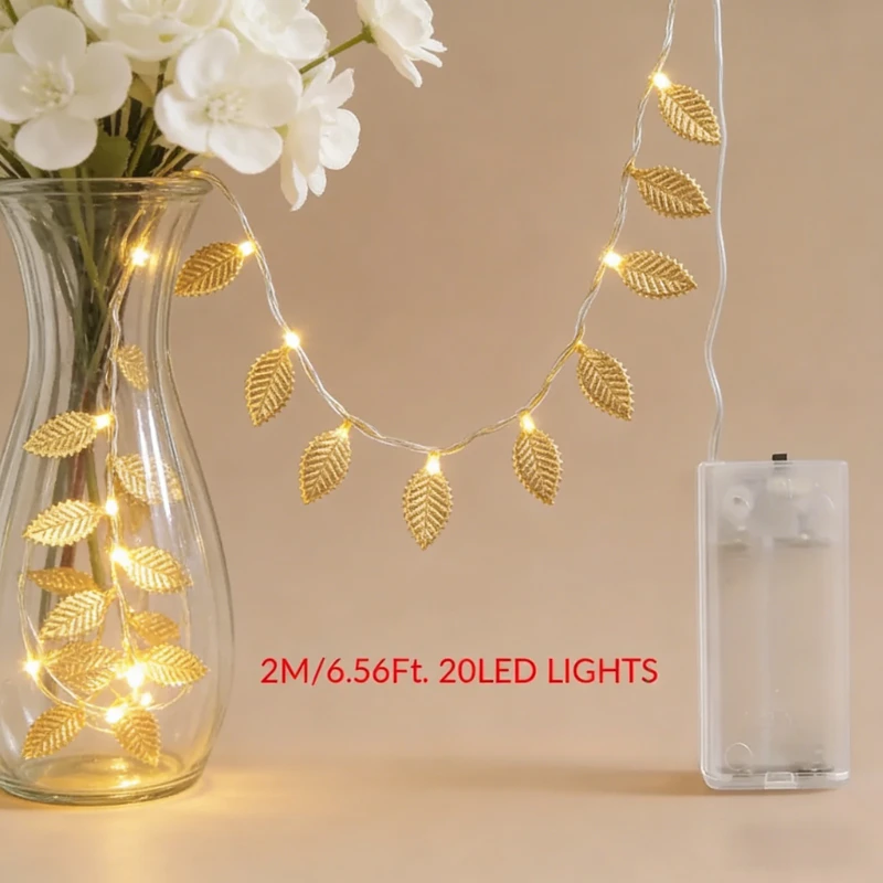 20LED Golden Tiny Leaves Copper Wire String Lights Battery Powered Fairy Lights for Home Wedding Party Christmas DIY Decoration