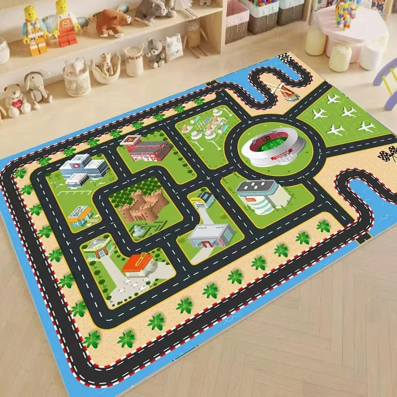 Children's Racing Track Car Road Traffic Signs Carpet Mat Anti Slip Soft Carpet Decoration Interactive Game Home Decoration