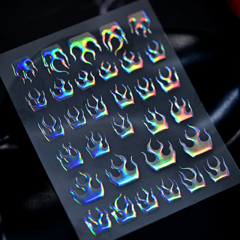 1 Blatt 3D Glänzende Glitzer-Lila-Flammen Nagelaufkleber Holographische Flammen Französische Nagelsticker Selbstklebende Halloween-Nageldekoration – Detail 7