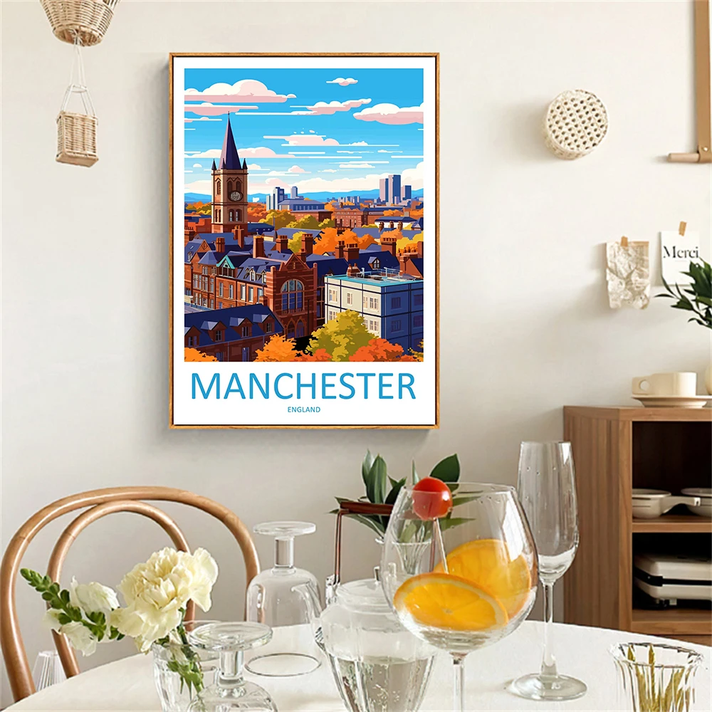 Arte de pared con estampado de viaje de Manchester, decoración del hogar colgante de pared de Manchester, regalo para amantes de Inglaterra, decoración del hogar para dormitorio y sala de estar