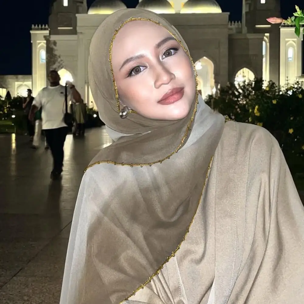 Hijab Scarf Pearl Beaded Chiffon Shawl for Muslim Women Glitter Pashmina Daily Elegant Head Wrap