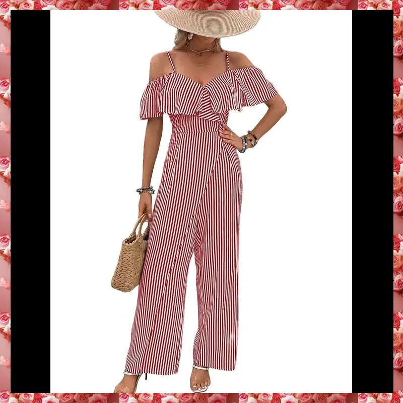 Mulheres listrado plissado macacões elegante verão suspender calças de perna larga macacão