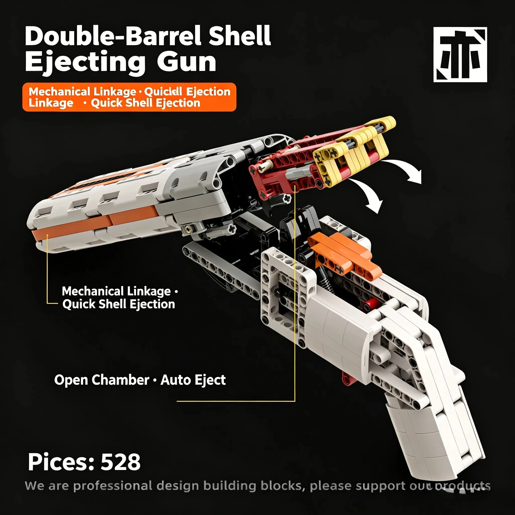 528PCS Technical Double Barrel Gun Model Building Blocks Kit Auto Shell Eject Function Assembly Shooting Toy for Adult