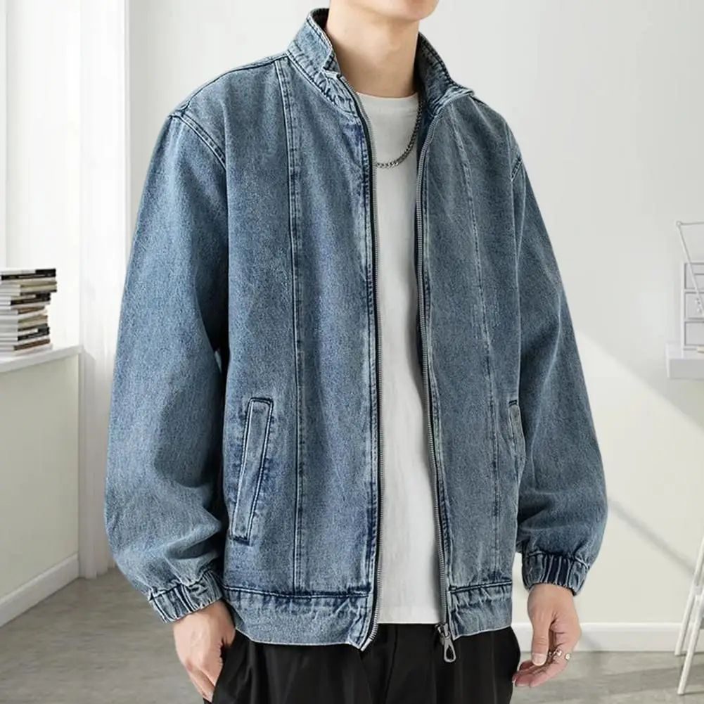Men Loose Fit Jacket Versatile Men's Denim Jacket Lapel Long Sleeve Coat with Pockets Zipper Placket Loose Fit Solid Color