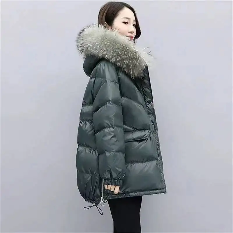 Chaqueta gruesa holgada de longitud media para mujer, chaqueta gruesa de algodón, cuello de lana grande, con capucha, para invierno, 2025