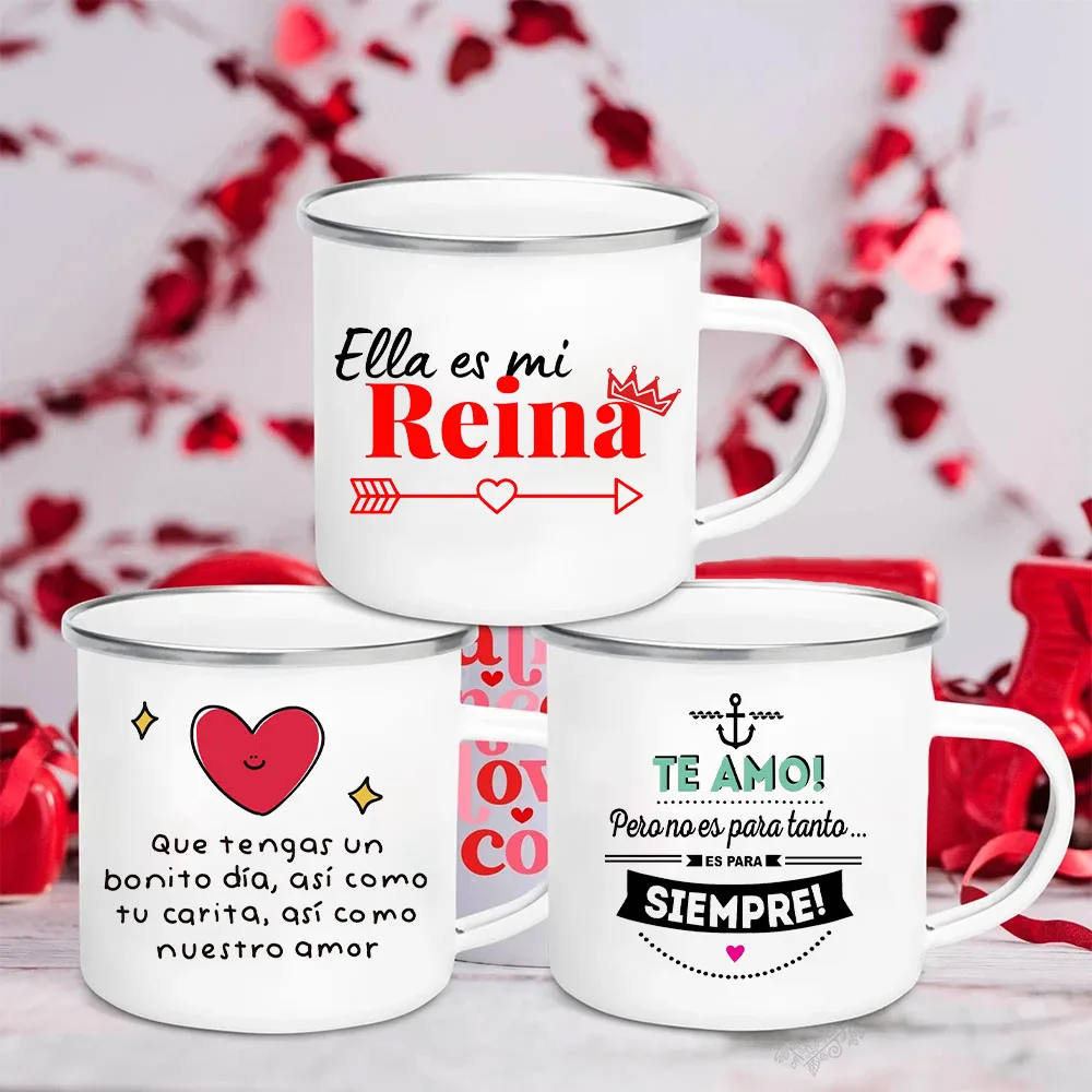 She Is My Queen Print Enamel Mugs Valentine Coffee Cup Party Drinkware Milk Wine Juice Cups Valentine's Day Present Enamel Mug