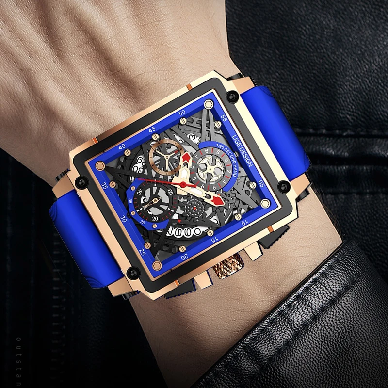 ساعات يد كوارتز رياضية للرجال من LIGE ، ساعة مقاومة للماء عسكرية للأعمال ، ساعة مجوفة مربعة الشكل أنيقة ، صندوق متضمن