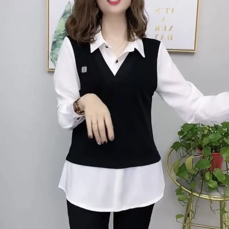 Spring Women\'s Clothing Fake Two Pieces Long Sleeve Shirt Fashion Simple Office Lady Casual Turn-down Collar Blouse Pullovers