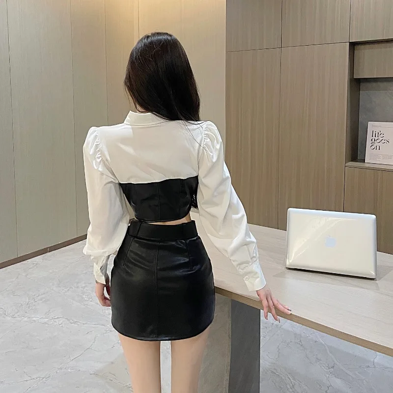 Korean Spicy Girl Fake Two-piece Shirt Women Fashion Polo Neck Leather Jacket Patchwork Lace Up Motorcycle Cool Chic Spring Wear