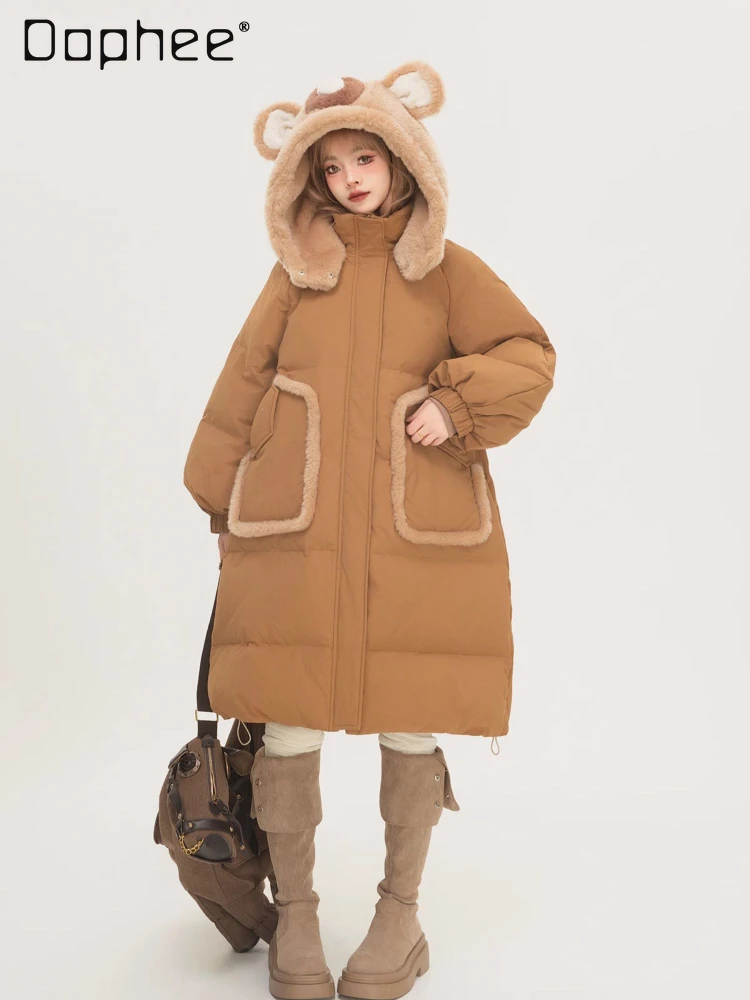 College Style Cute Bear Hooded Mid-Length Cotton Clothes Women Winter Loose Thick Brown Long Sleeve Cotton Coat Female Student