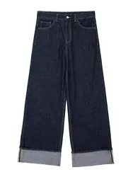 HH Women Fashion High Street Jeans Denim Dark Blue High Waist Zipper Fly Rolled Leg Trouser Loose Casual Wide Leg Pant Jeans