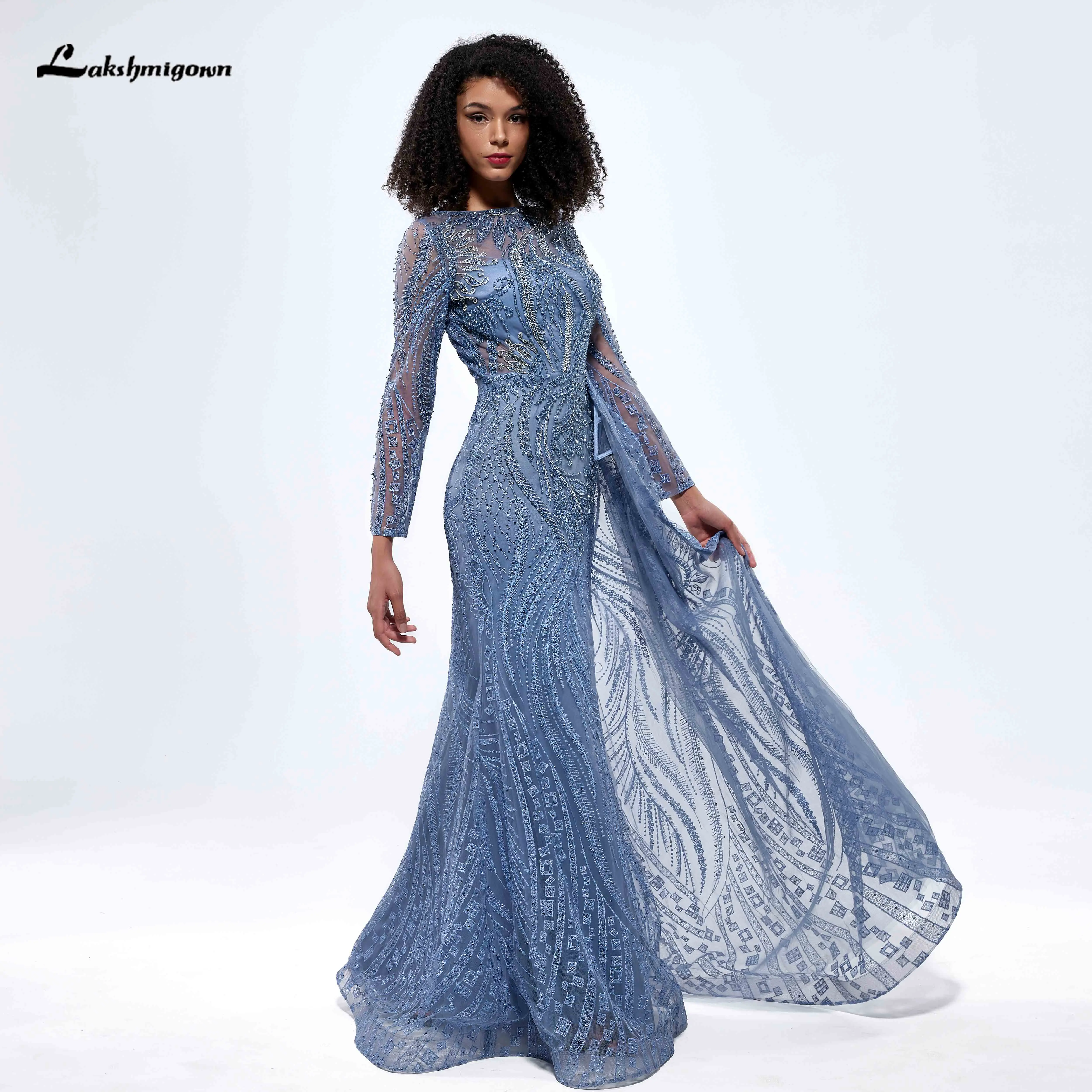 

Lakshmigown Luxury Dubai Muslim New Mermaid Evening Dress Dusty Blue Long Sleeve Plus Size Women Wedding Party Gown