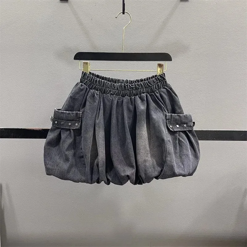 Women Cargo Denim Bubble Skirt 2026 Summer Large Pocket Elastic Waist Slim Fit A-line Mini Skirt Hot Girl Style