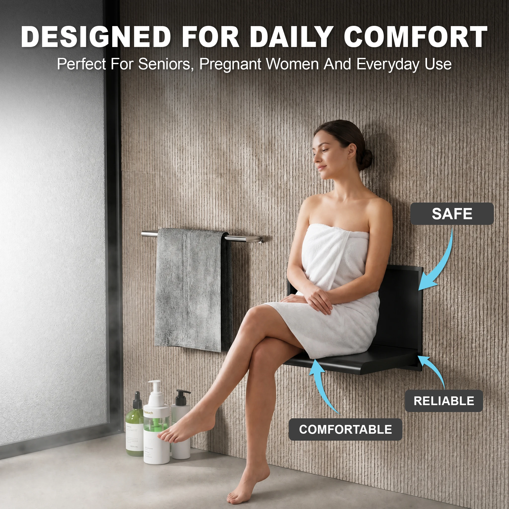 New Arrival Compact Shower Seat Elderly Heavy Wall-Mounted Aluminum Base 200kg Capacity Foldable No Glue