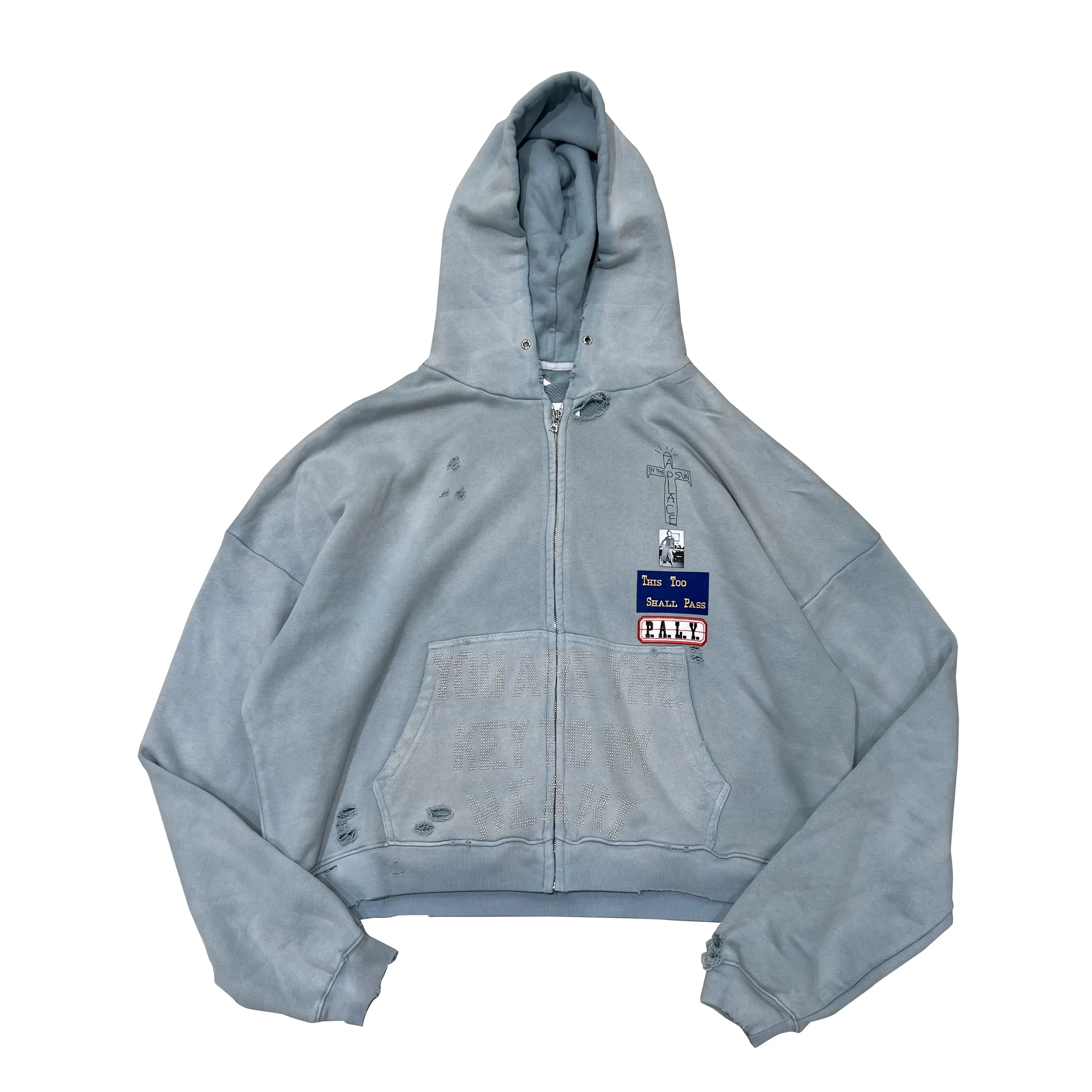 Paly hollywood light blue hot diamond washed old damaged zipper hooded sweater