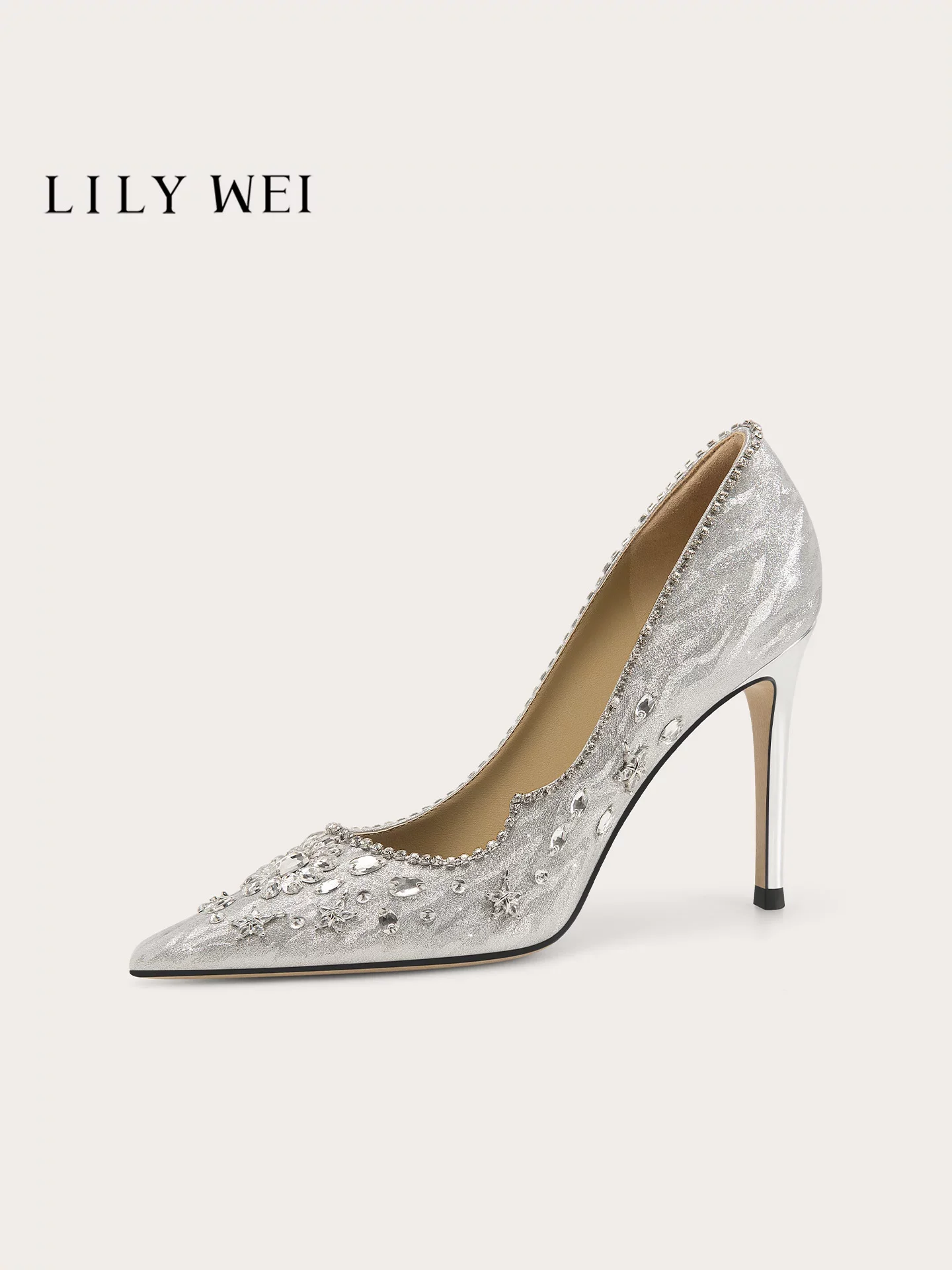 Autumn new pointed crystal sequin wedding shoes banquet big size small size widened version slim heel high-heeled women's shoes