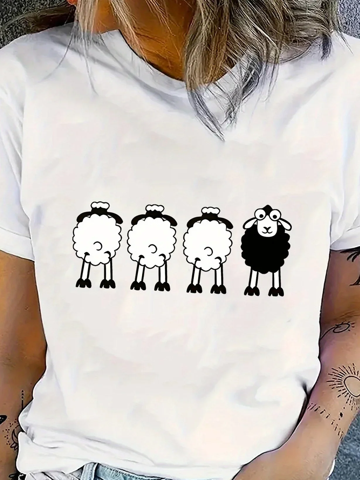 Women'S Casual Sheep Print T-Shirt Short Sleeve Round Neck Harajuku Sleeve Casual Clothing Street Tops Tees Aesthetic Clothes