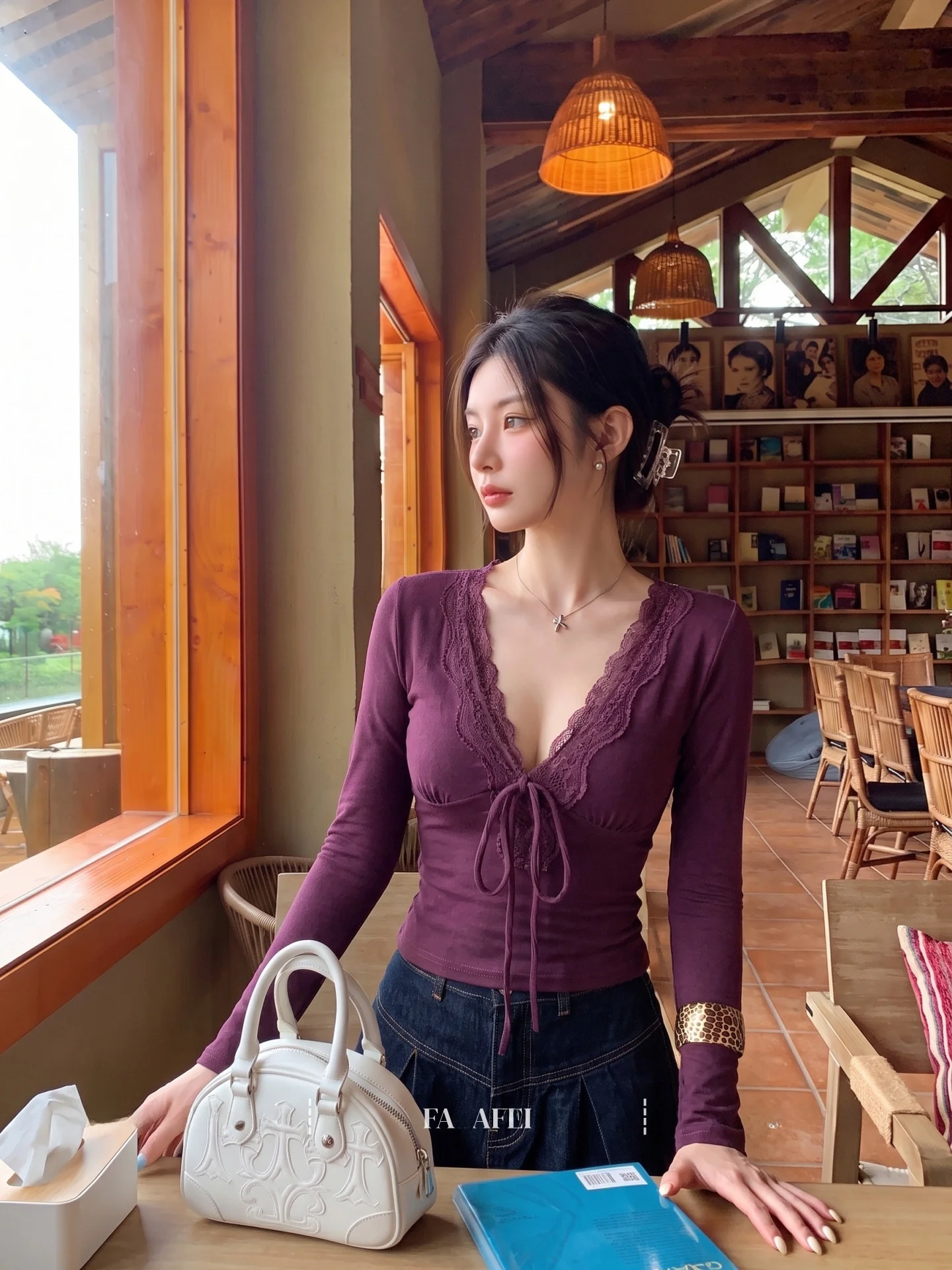 Slimming Effect Long Sleeve V-Neck T-Shirt Women's Early Autumn New Elastic Fitted Belly Button Belted Meat Conceal Thinming ...