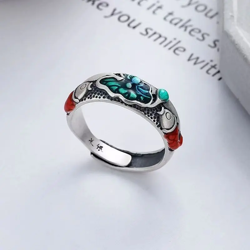 

YS Old Matte Craft Drop Glue Colored Glaze Lotus Koi Fish Ring Vintage Ethnic Style Ring New Product