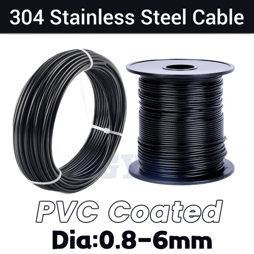 Cuerda de alambre Flexible de acero recubierta de PVC negro, Cable suave de 10/20/50/100 metros, tendedero de acero inoxidable 304, diámetro de 1/1, 5/2/3/4/5mm