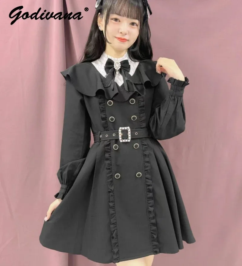 

Japanese Mine Rojita Dress Women Sweet Bow Ruffled Pleated Long Sleeve Double-breasted Dress Autumn New Lolita Girls Midi Dress