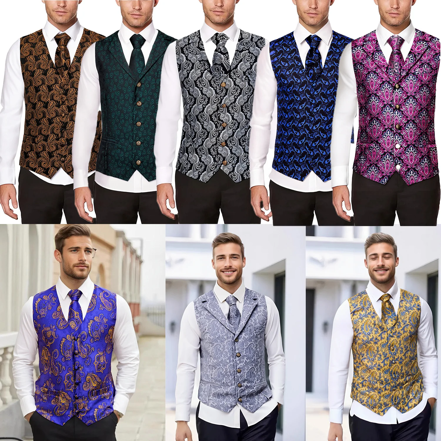 

Men's Formal Suit Vest & Tie Set Paisley Floral Style, Premium Waistcoat and Necktie Combo for Weddings, Business Occasions